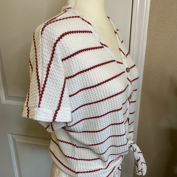 Paper Crane Button Down Front Tie Stripe Shirt - Picture 6 of 10